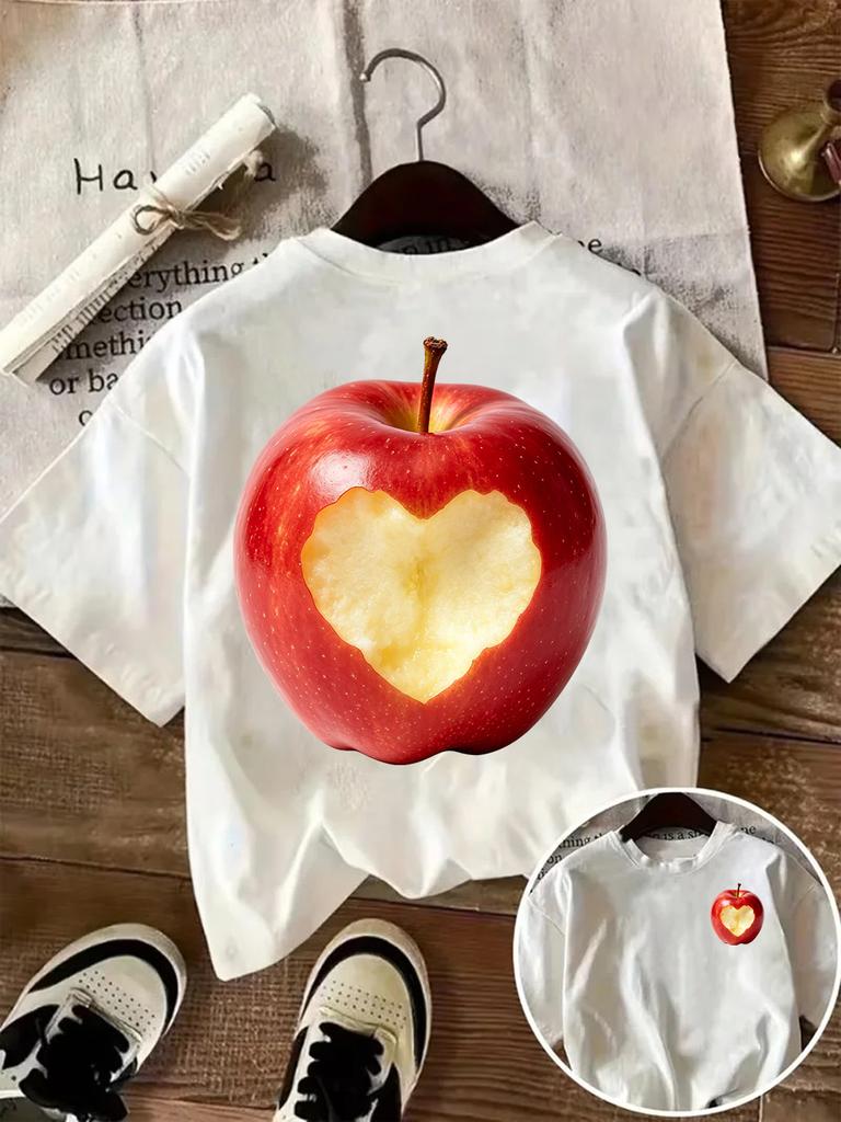 Rotes Apfel Herz Muster Damen T-Shirt Süßes Früchte Grafik T-Shirt Lässig Kurzarm Rundhals Locker Sommer Ästhetisches Oberteil Vintage