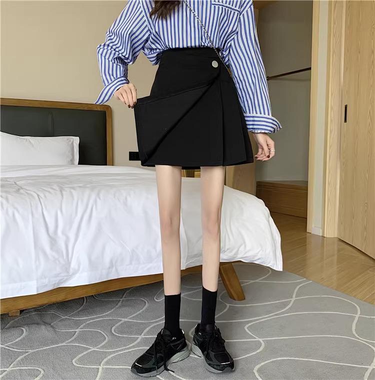 2024 Spring Women's Black High-Waist Irregular A-Line Skirt, Korean Style