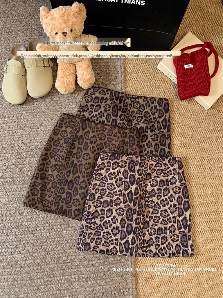 2024 European Leopard Print A-line Midi Skirt - High Waist, Slimming, Petite, Autumn Winter Style