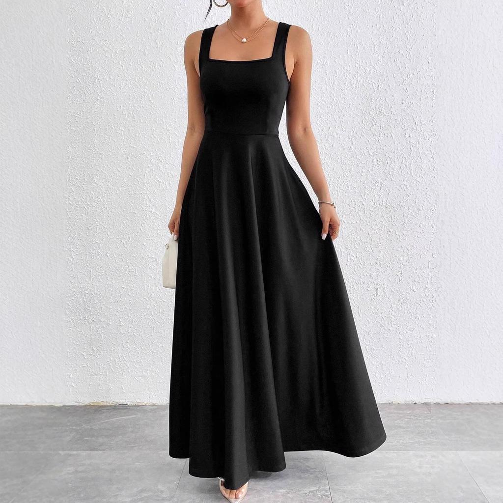 Elegant Square Neck Sleeveless Ultra Long Women's Fashion Dress