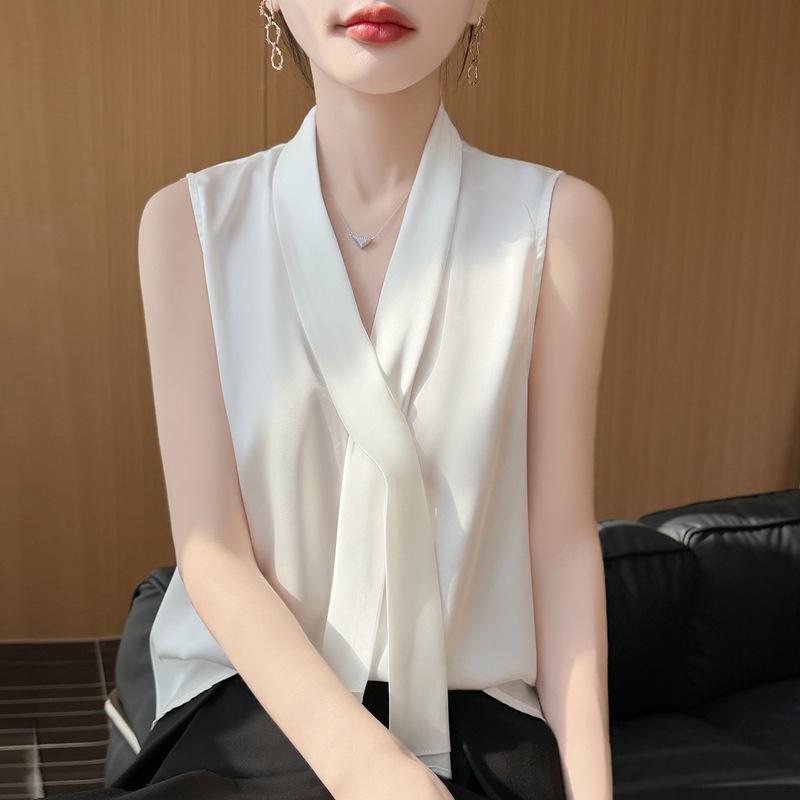 Spring and Summer New Style Smooth V-Neck Ribbon Sleeveless Backless Blouse for Women - Pure Color Pullover Design Top