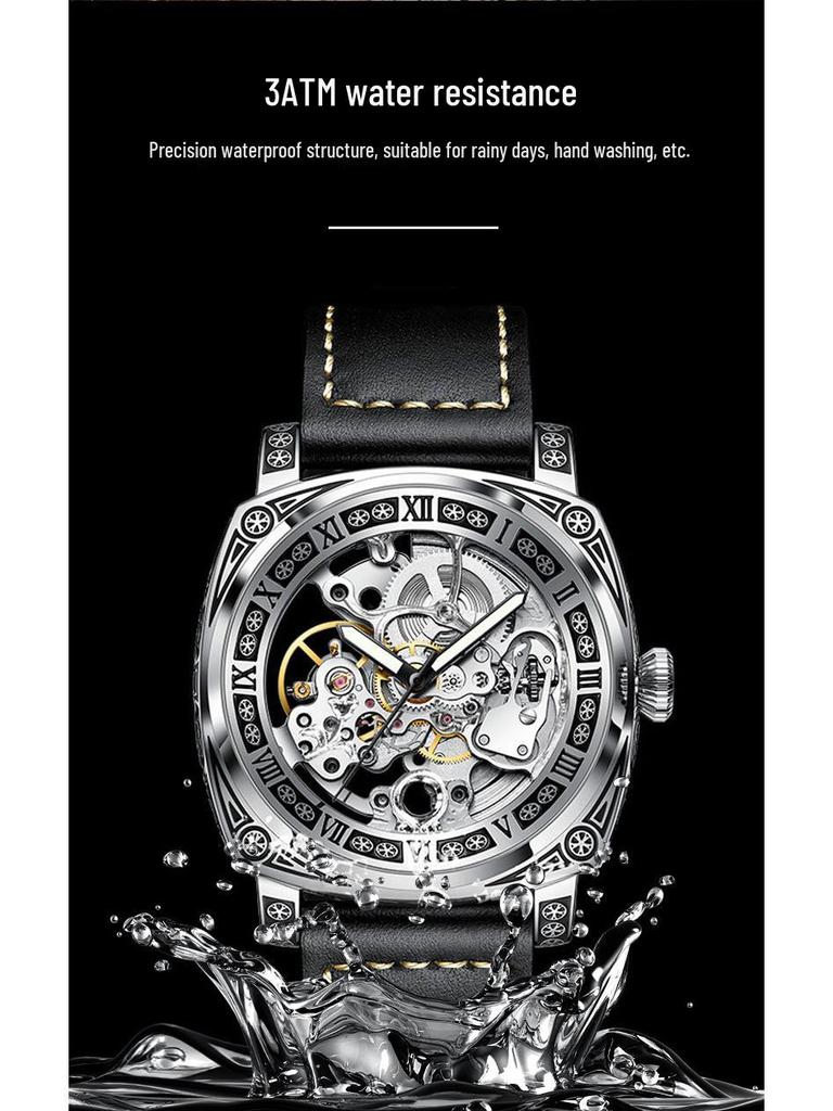 Herren Skelett Automatische Mechanische Uhr, Geprägtes Edelstahl