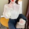 New Arrivals Open Run Mock Neck Slim Fit Sheer Chiffon Blouse Trumpet Sleeve