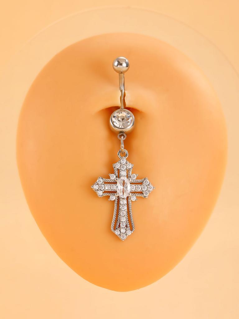 CZ Cross & Heart Belly Button Ring Set, Gold & Silver Tone Dangling Navel Piercing Jewelry