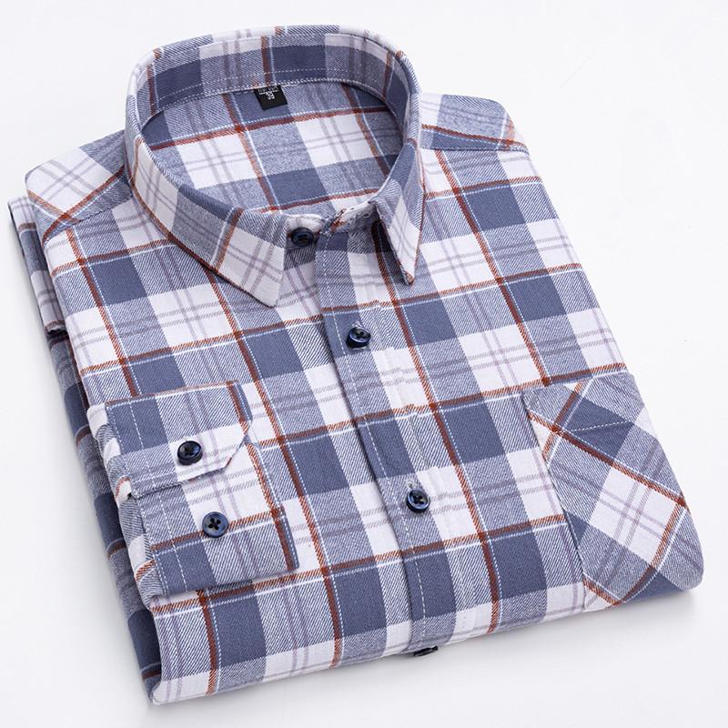Oversized S~6XL Men's Plaid Shirt Long Sleeve Autumn Spring Soft Standard Fit 100% Cotton Brushed Outerwear Casual Man Clothing