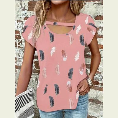Summer Short Sleeve U Collar Feather Printed Ladies Fashion Pullovers T Shirt Blouse Top