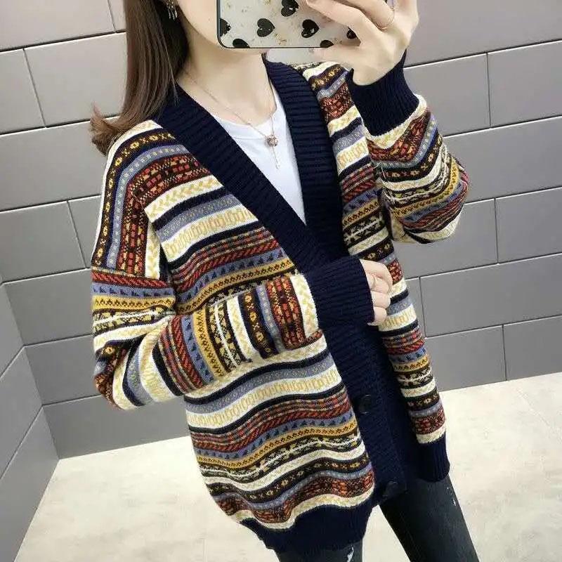 Plus-size Jacket Female Spring and Fall Striped Versatile Casual Knitted Cardigan Comfortable Elastic Loose Jacket