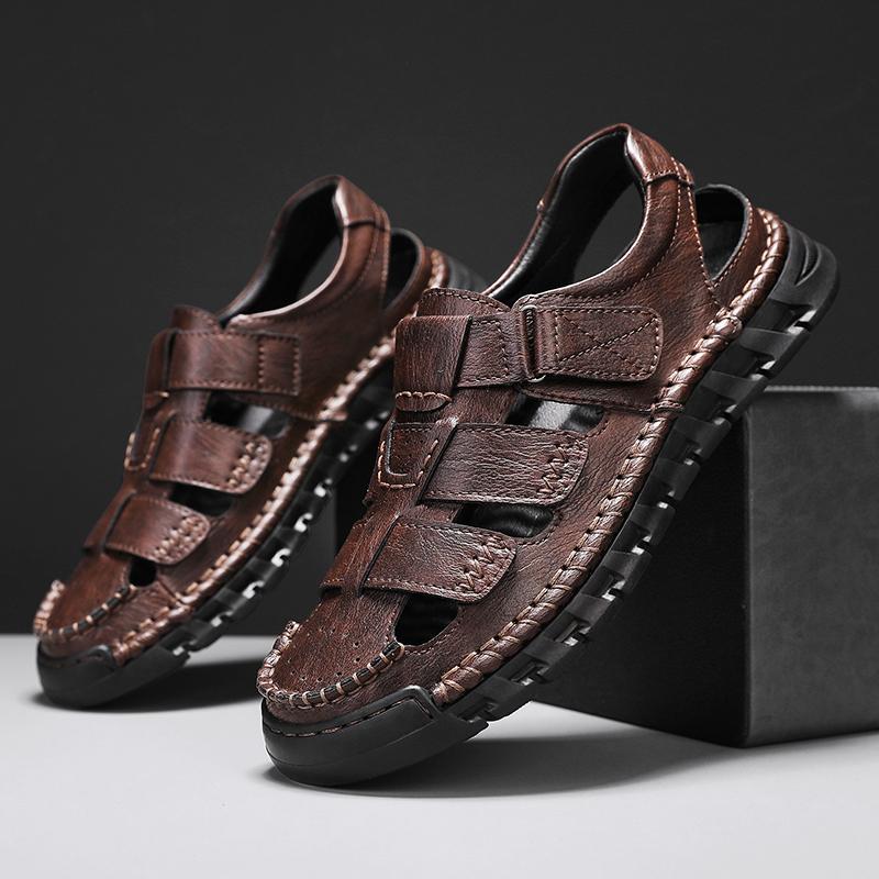 Fashion New Design Men's Beach Shoes Handmade Leather Sandals Fashion Men Suitable Roma Shoes Vacation Summer Flats Non-slip Man Sandals