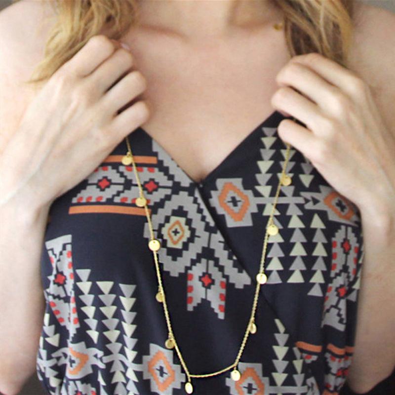 Long Bohemia Round Metal Sheet Necklace for Women Trendy Tassel Chain Vintage Statement 80Cm Necklace Personality Jewelry Gift