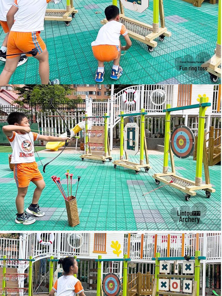Kids Outdoor Toy Set: Wooden Basketball Hoop, Ring Toss, Sandbags, Bow & Arrow for Sensory Play