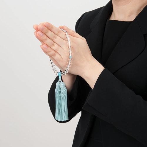 Buddhist Altar Shop Takita Shoten Kyoto Buddhist Prayer Beads for Women, Genuine Crystal and Sea Blue Chalcedony, 8mm Beads, Silk Tassel, Prayer Bead