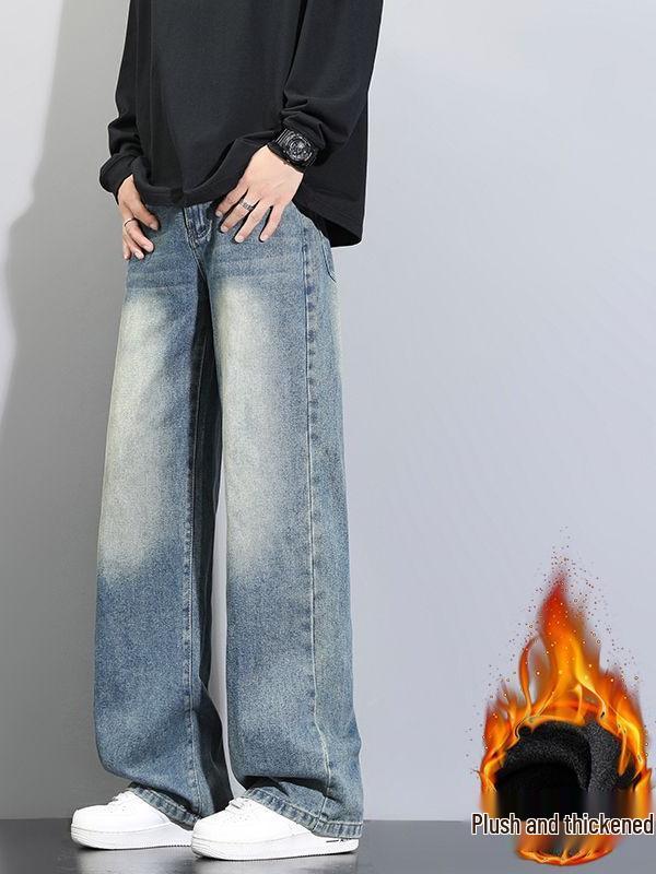 Herren Fleecegefütterte Weitbeinjeans - Unifarben, Lockere Passform, Herbst/Winter Trendiger High Street Stil