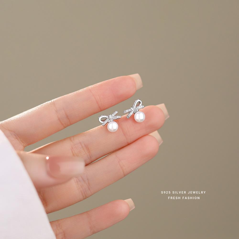 

Real 925 Sterling Silver Inlaid Zircon Shell Pearl Bow Stud Earring for Women Wedding Party Fine Jewelry Gift серебряный