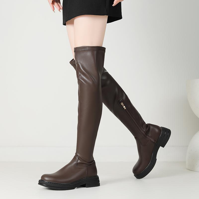 Thigh High Stretch Boots Women's Black White Brown Over the Knee Heels Boots Soft Leather Shoes 2025 Spring Autumn Footwear