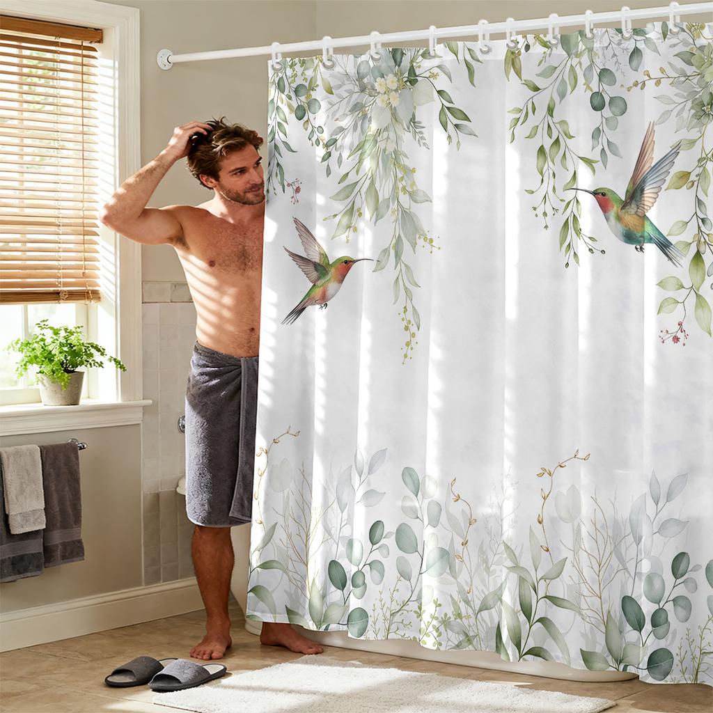 1Pc Hummingbird Flower Printed Waterproof Bathroom Partition Privacy Shower Curtain 12 Hooks Multiple Sizes Machine Washable