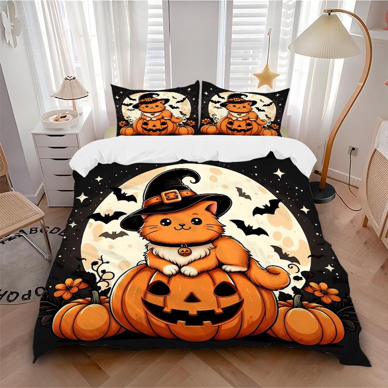 3pcs Moon Orange Cat Pumpkin Halloween Print Cover Set Ultra Soft, Breathable, and Comfortable Bedding with Stylish Design for Bedroom and Guest