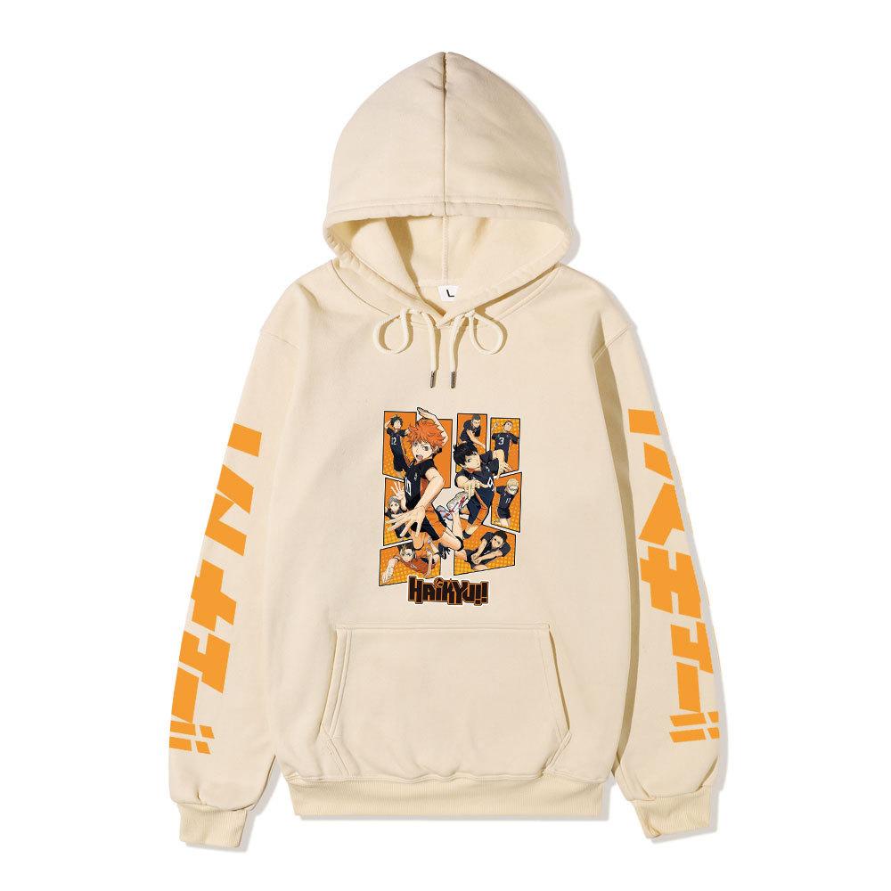 Haikyuu Karasuno Team Collage Unisex Fleece Hoodie Orange Japanese Vertical Letter Sleeve Volleyball Anime Pullover Sweatshirt