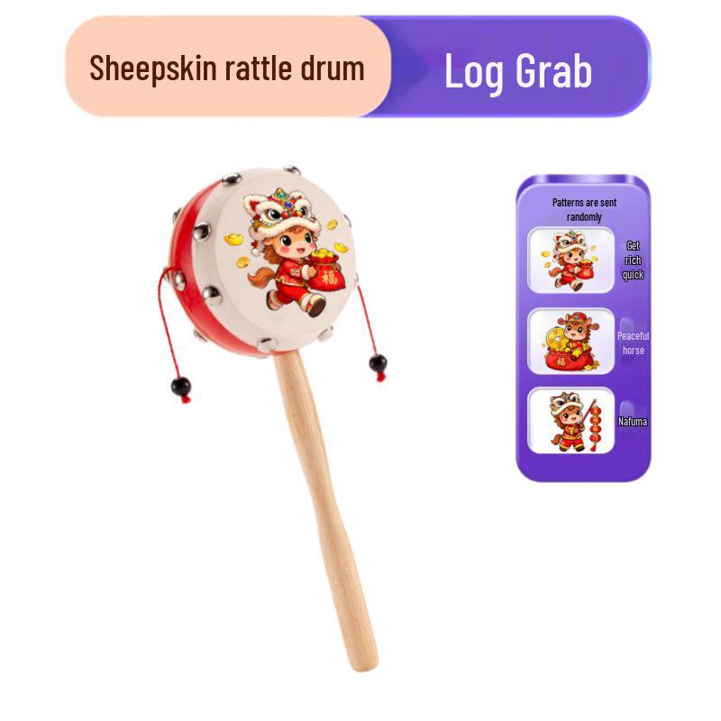Wooden Sheepskin Baby Rattle Handheld Wave Drum for Newborns and Toddlers
