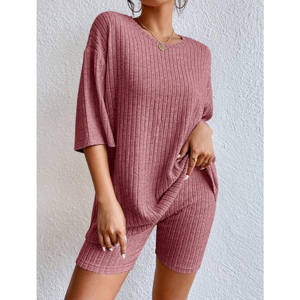 Women's Spring Solid Color Casual Outfit, Crew Neck Loose Top & Shorts Two-Piece Set