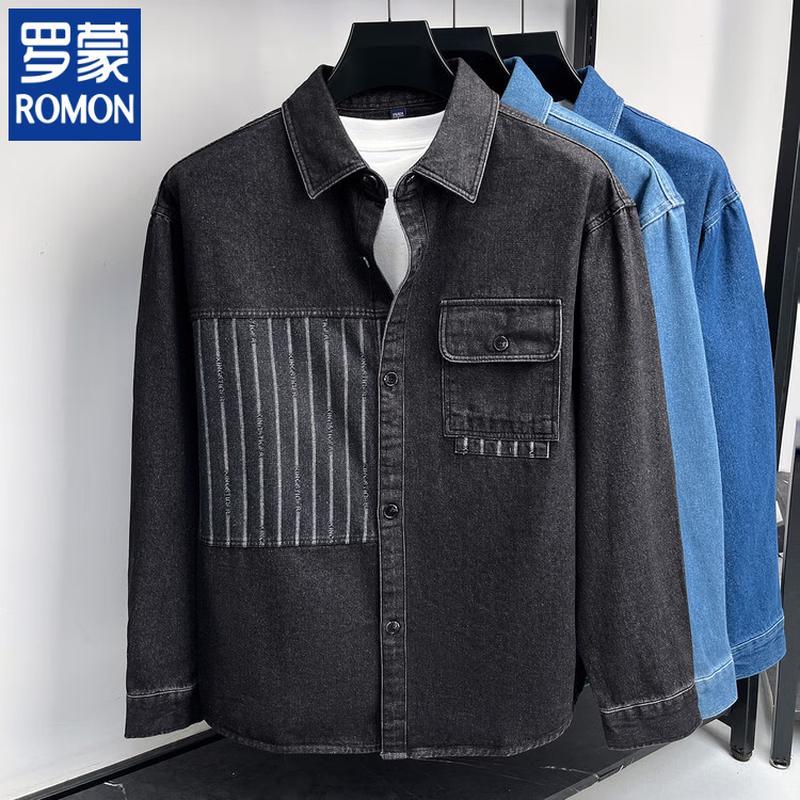ROMON Men s Casual Loose Fit Thickened Denim Long Sleeve Shirt L