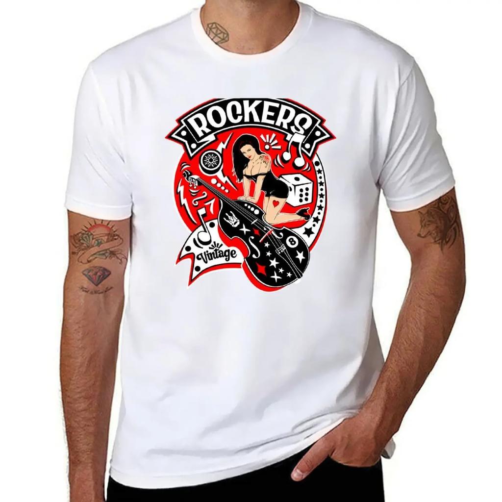 Rockers Vintage Rockabilly Pin-Up Girl Double Bass Graphic Print Retro Rock Streetwear T-Shirt