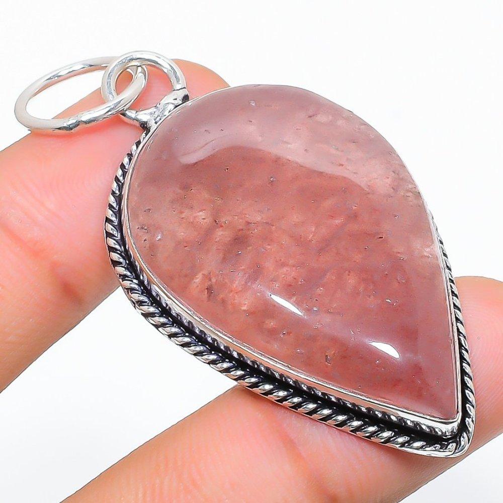 Natural Strawberry Quartz Gemstone 925 Sterling Silver Pendant 2.36" O0W34