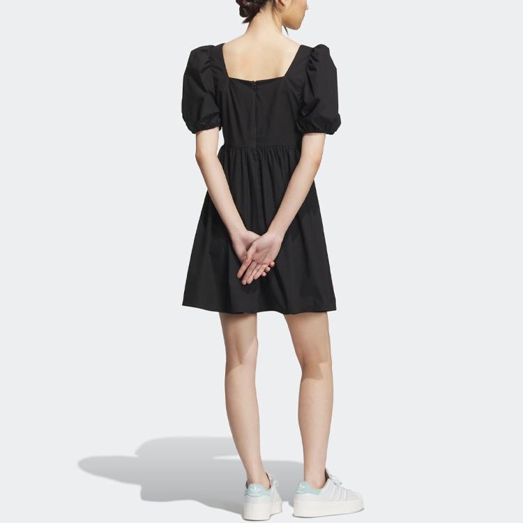 Adidas Originals X Monkey Kingdom Co-Branded Woven Dress with Lantern Short Sleeves and Sporting Square Neckline Women Dress Black IP1771