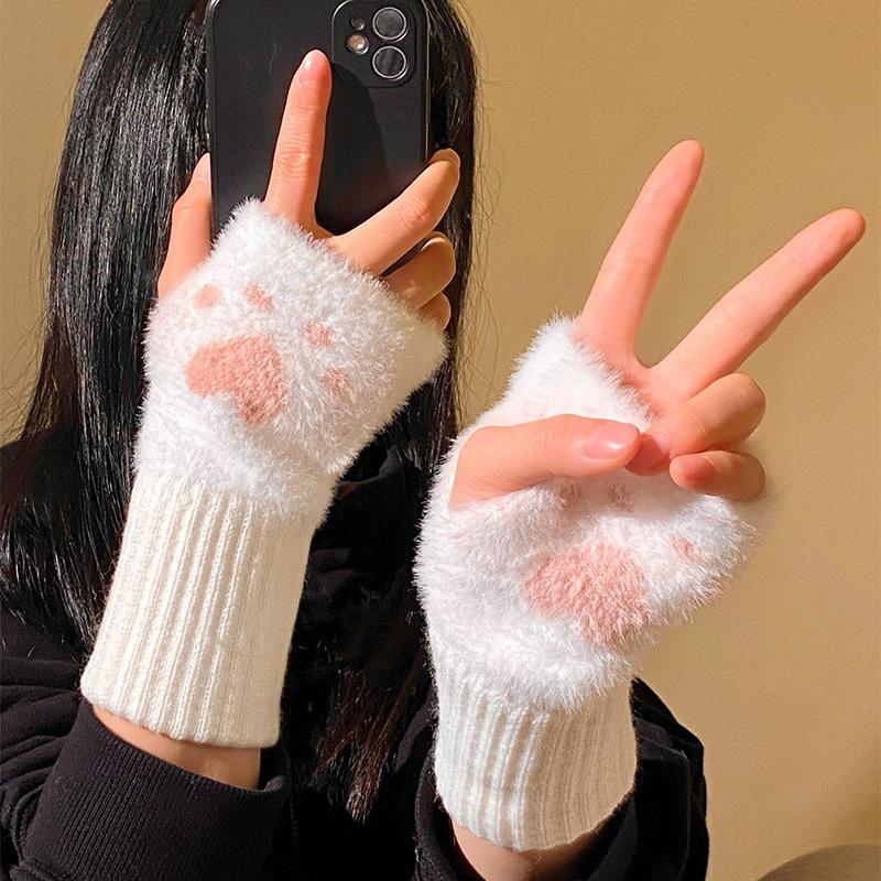 

Cute Cat Claw Half Finger Plush Gloves for Women In New Autumn and Winter Plus Velvet Thickened Warm Wrist Protection for Touch Screen Writing one size