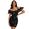 Kvinners glitrende paljetter kroppskon kjole sexy mesh volang off-shoulder minikjole glitter cocktailparty kveldsklubbantrekk