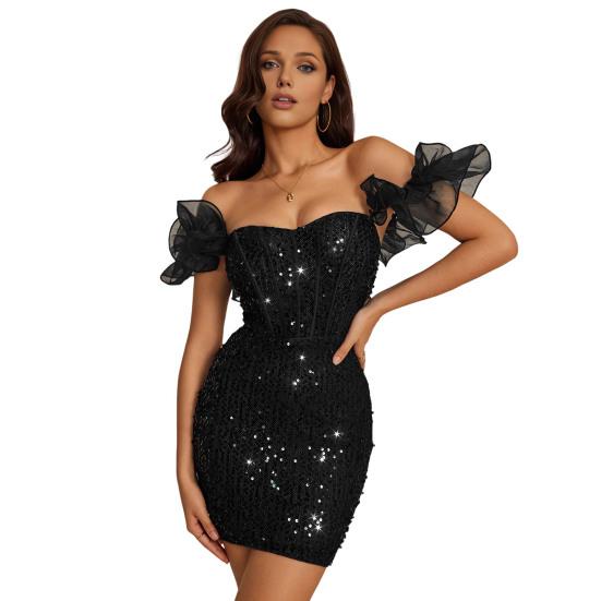 

Женское блестящее платье-бодикон с пайетками, сексуальное мини-платье с сеткой и оборками, открывающее плечи, блестящее коктейльное платье для вечеринки, вечернее клубное платье M