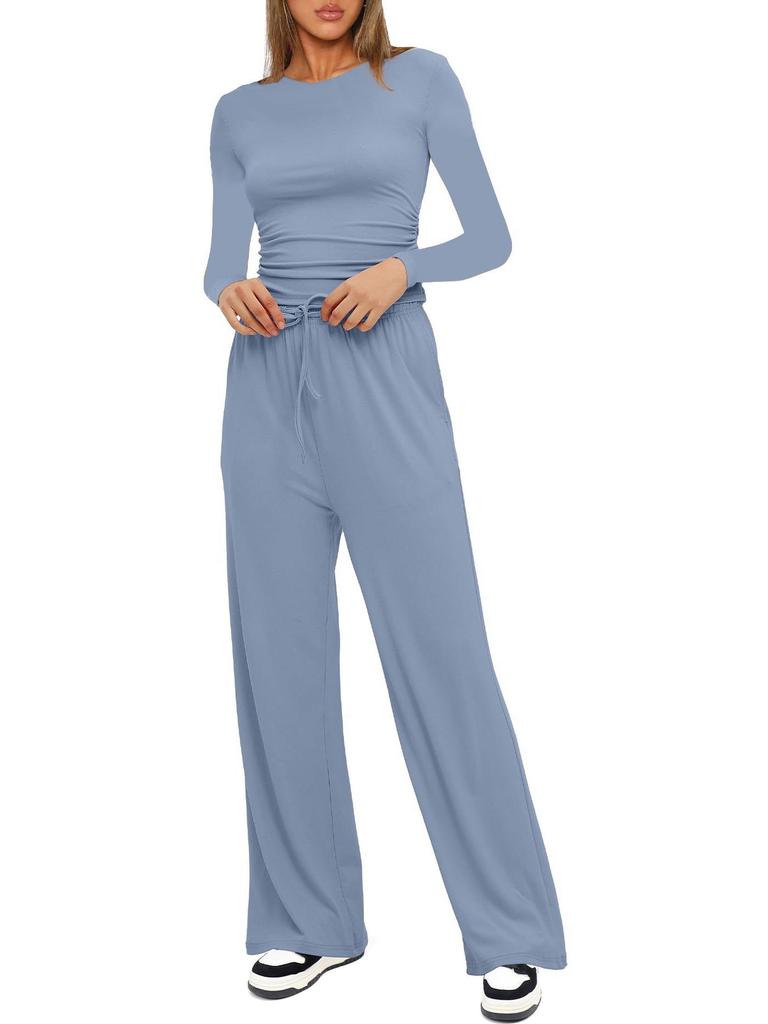 Kardashian Style Comfy Wide-Leg Tie-Up Set with Long Sleeves