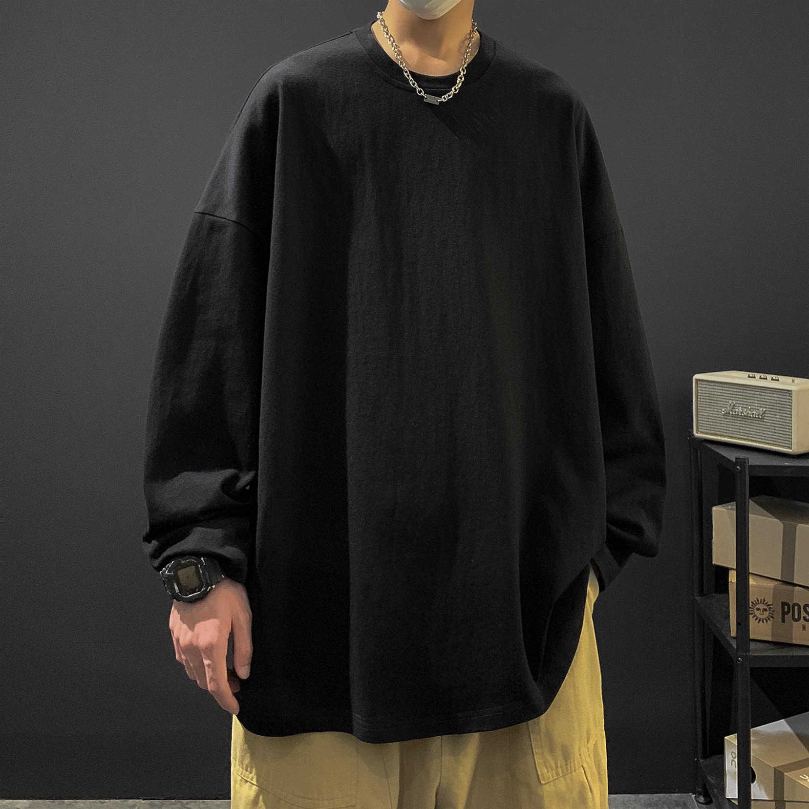 Весенние хлопковые футболки мужские однотонные повседневные футболки мужские свободные топы с длинным рукавом модные белые серые футболки мужская одежда больших размеров 5Xl 5XL чёрный