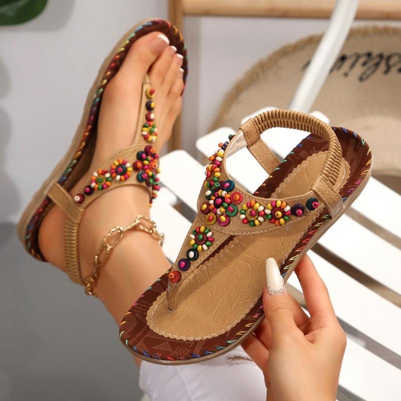 Sandals women's summer new women's shoes summer bohemian pinch flat sandals women's beaded beach shoes women