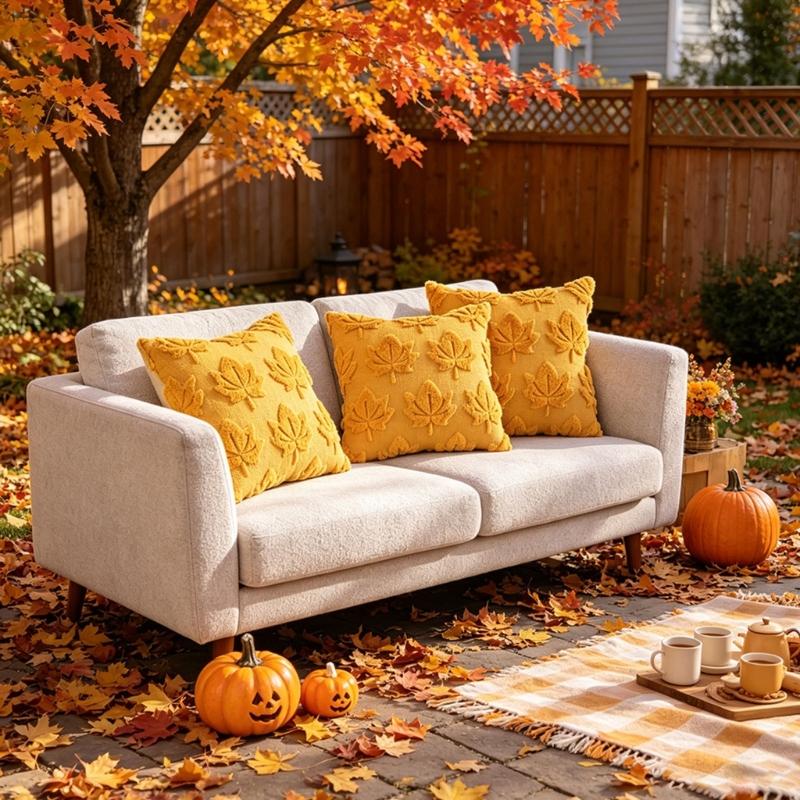 Fall Pillow Cover 45 x 45 cm Tufted Leaf Pattern Polyester Pillow Case, 1 Pack for Living Room Sofa Styling Use