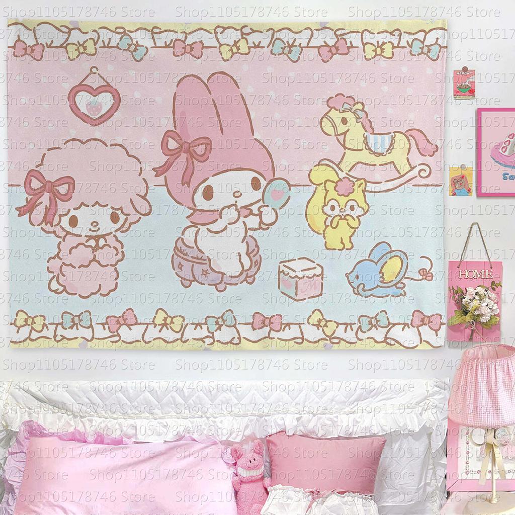 Sanrio Melody and Sweetheart Piano Printed Tapestry Cartoon Theme Bedroom Decoration Suitable for Dormitory Home Decoration