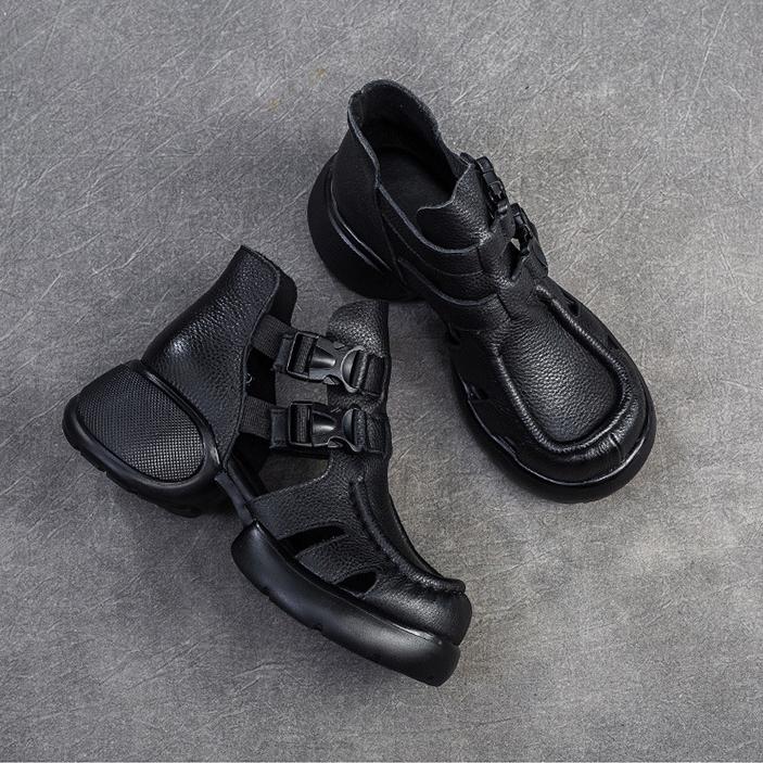 Johnature Retro Dickbesohlte Hohl Atmungsaktive Sandalen Echtes Leder Bequeme Vielseitige Damenschuhe