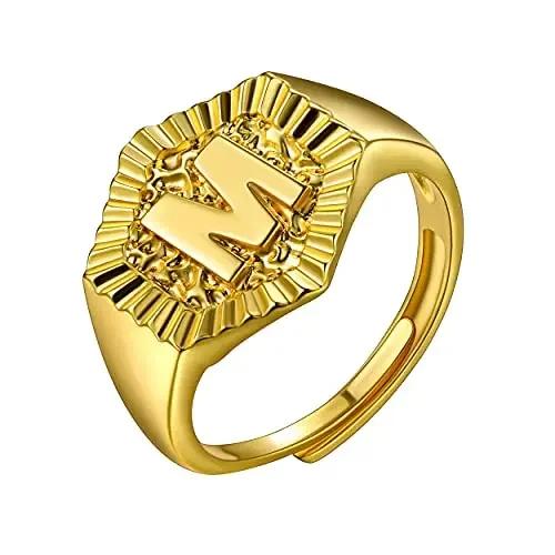Hexagon Surface 3D Embossed A-Z Initial Letter Rings for Man Woman Adjustable Size A-Z 14k Gold Color Family Signet Jewelry