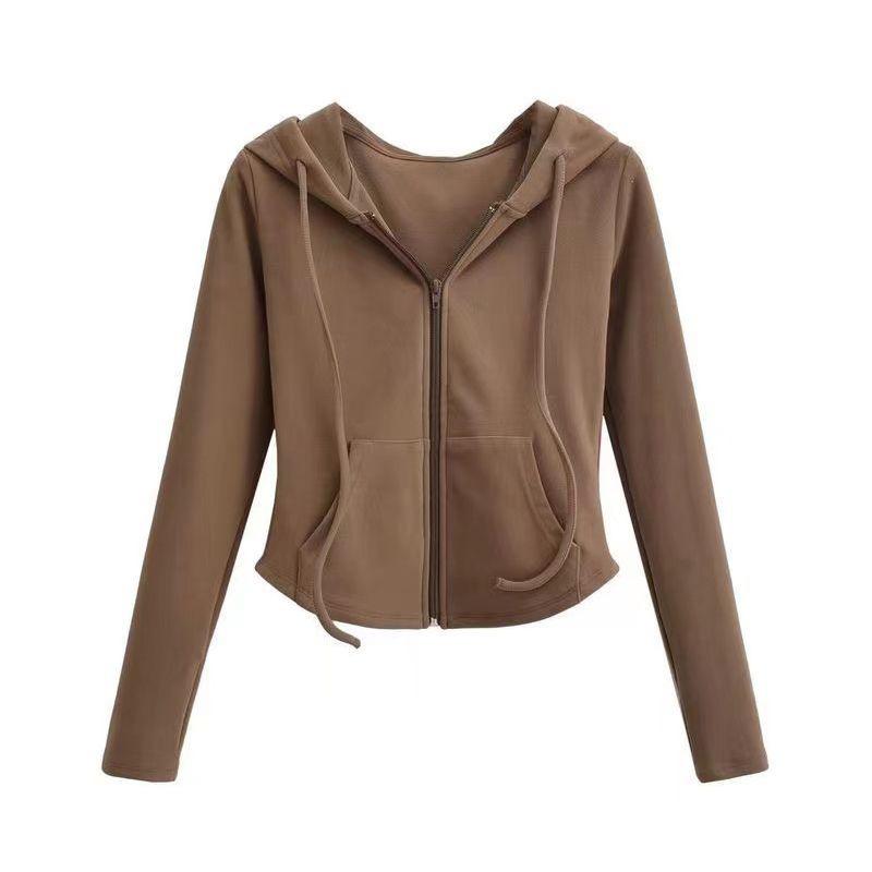 Women‘s Hooded Long Sleeve Slim Fit Zip Up Cardigan Solid Cropped Jacket Top