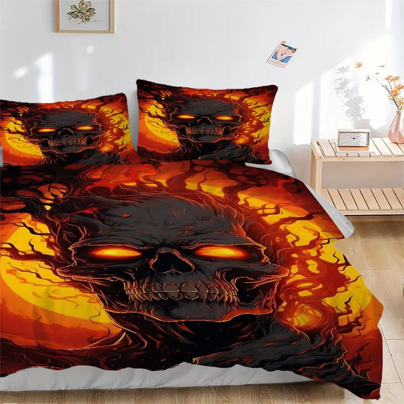 3pcs Fiery Skull Duvet Cover Set - Machine Washable, Includes 1 Cover and 2 Pillowcases, No Core Included yy251013101 135x200cm