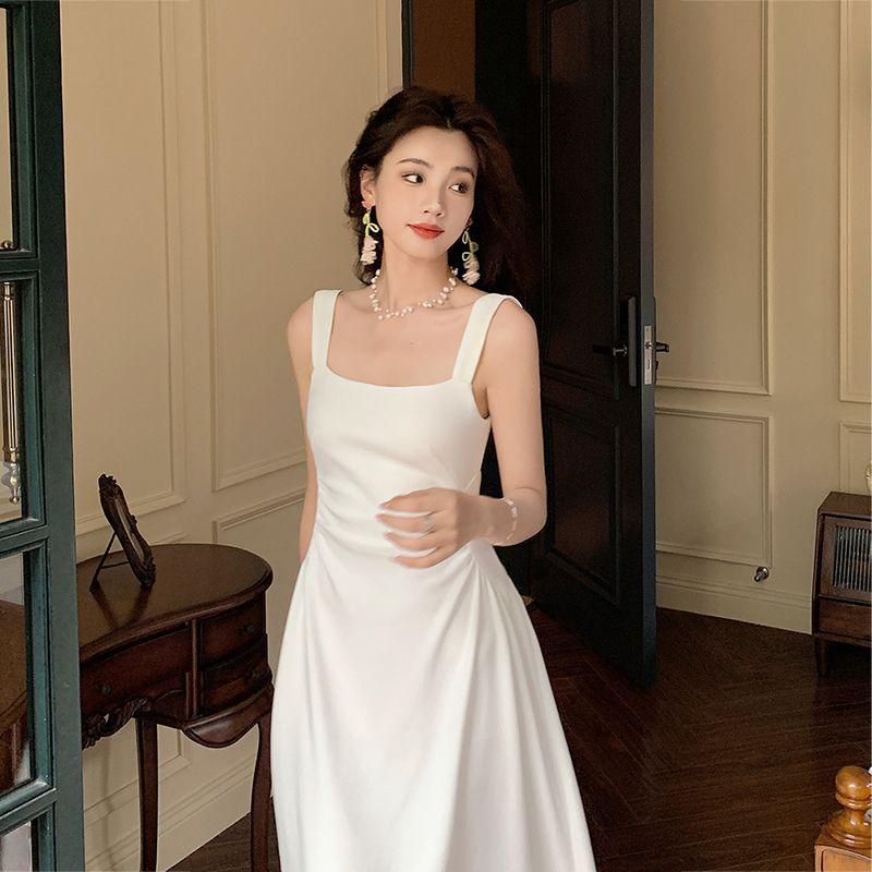 French wind pleated design suspender dress women's spring and summer pure desire wind waist thin a word sleeveless long dress