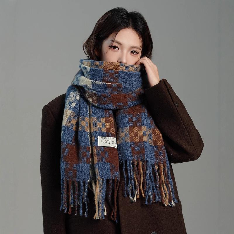 Japanese high-end retro plaid fringed scarf women's winter versatile Korean thickened warm couple scarf