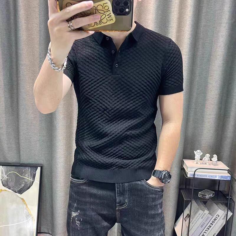 Pineapple Pattern High-Density Stretch Knit Summer Men's Solid Color Plaid Polo Short Sleeve T-Shirt