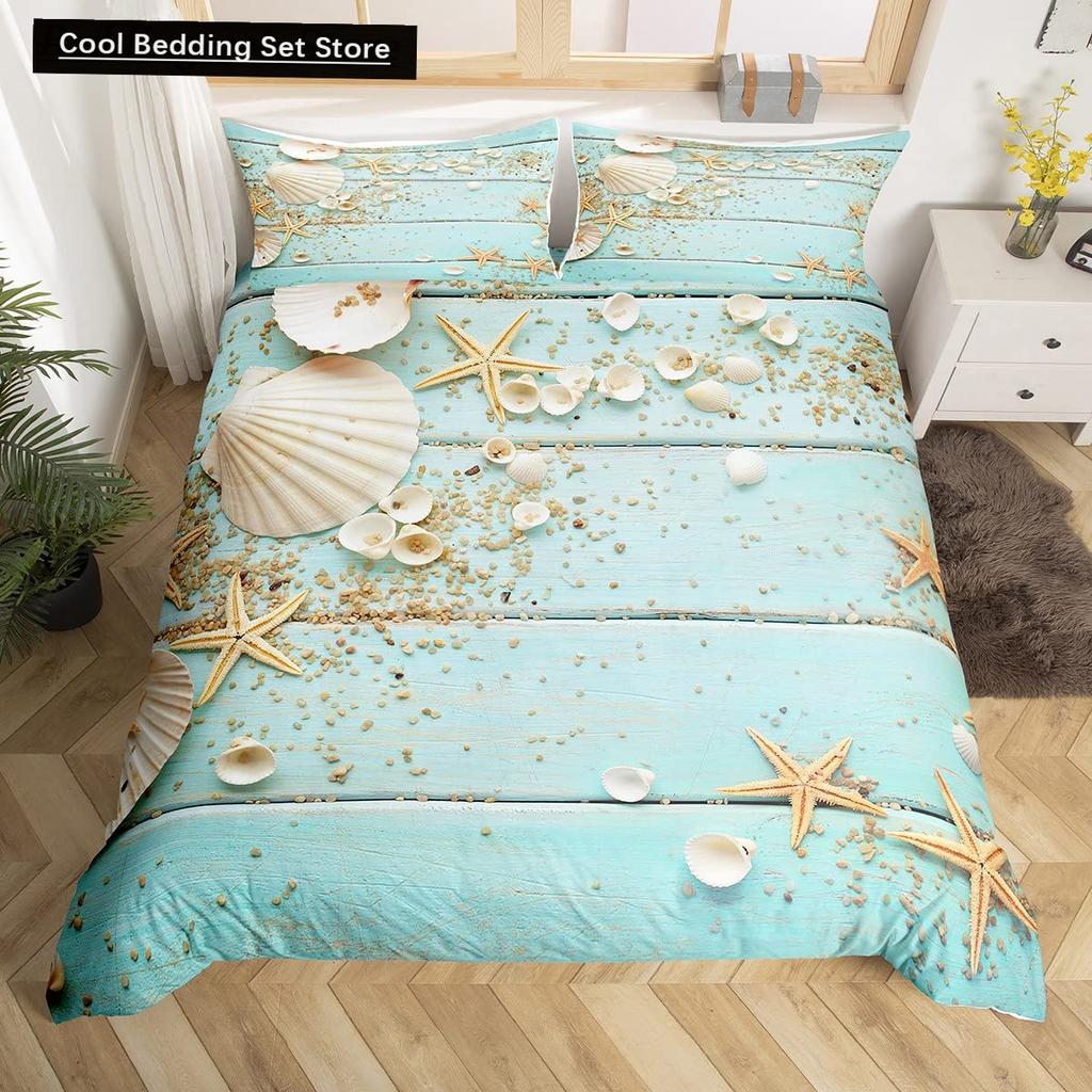 Beach Starfish Seashell King Queen Duvet Cover White Ocean Creatures Bedding Set Hawaii Quilt Cover Polyester Comforter Cover