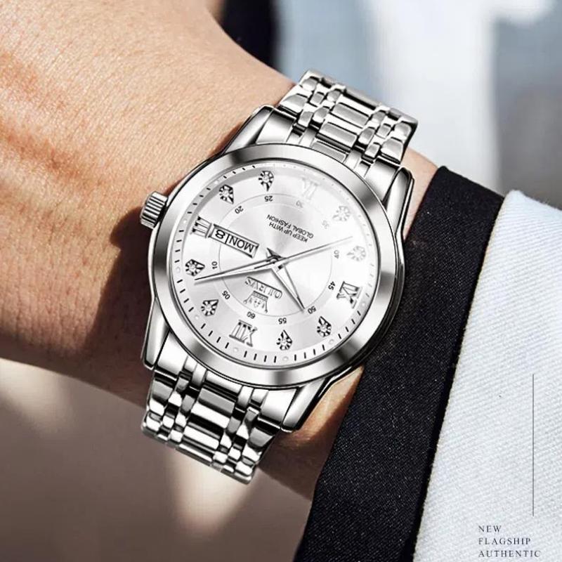 OLEVS Quarzuhr für Herren, Luxus-Diamanten, Golduhr, wasserdicht, leuchtend, Edelstahl, Business-Herren-Quarzuhren