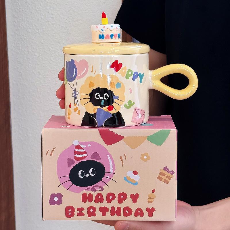 Cute Cartoon Cat Ceramic Mug With Lid Souvenir Gift Drinking Water Cup Cute Ceramic Coffee Cup Office Cups For Birthday Gift 380ML