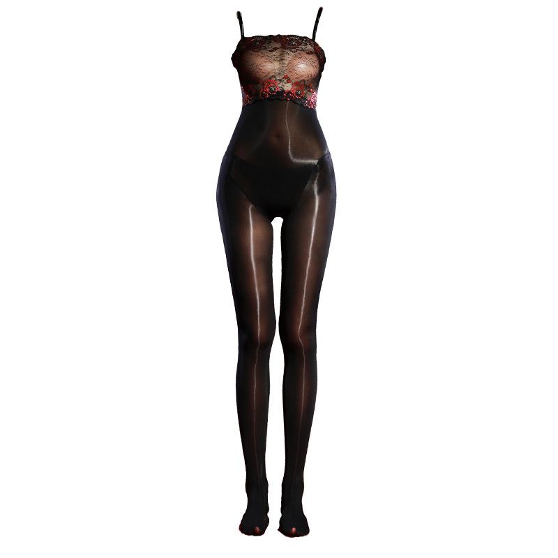 High-Cut Lace Strapless Bodysuit with Stockings Seamless Chest Seamless Legs 5D Sexy Temptation Open Crotch Glossy Bodysuit