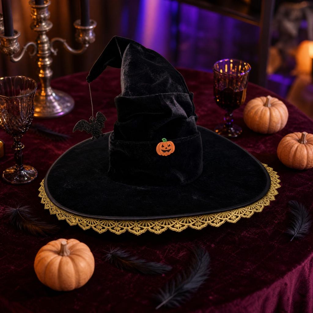 Ruffled Witch Hat with Decor for Halloween Costume