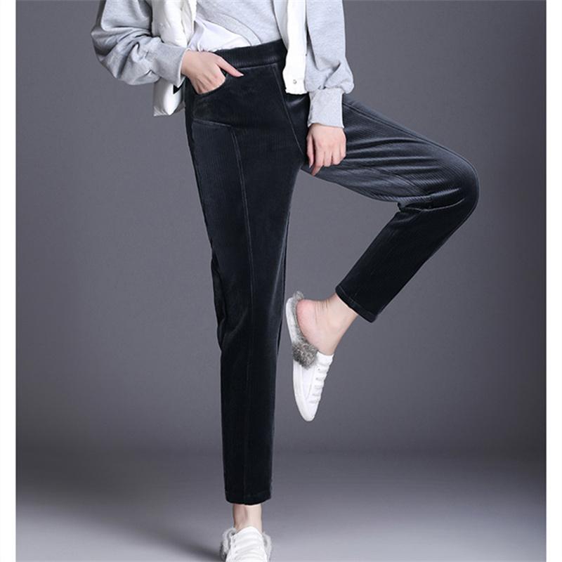 Autumn Winter Women Solid Color Pant Casual Elastic High Waist Straight Leg Trousers LooseCorduroy Warm Thick Haren Pants Female