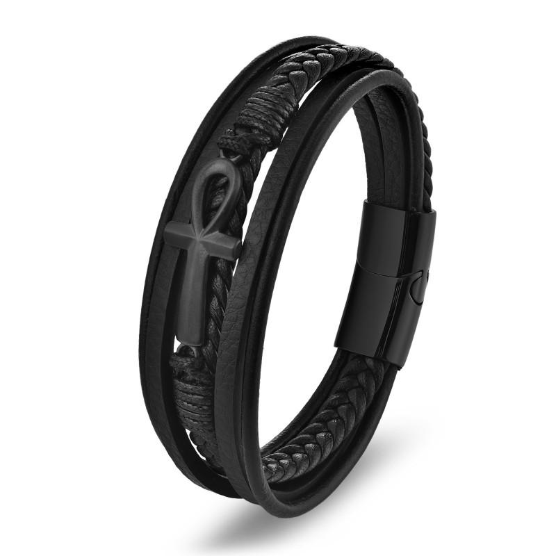Minimalist Ankh Cross Leather Wrap Bracelet Men Stainless Steel Punk Style Multi-Layer Handmade Wristband