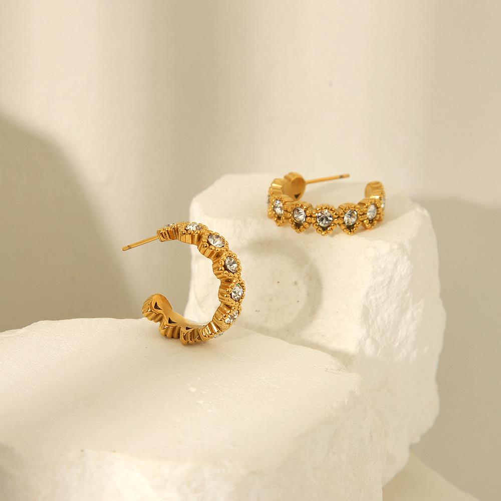 18K Light Luxury Stainless Steel C-Shaped Zircon Women's Stud Earrings, Non-Fading